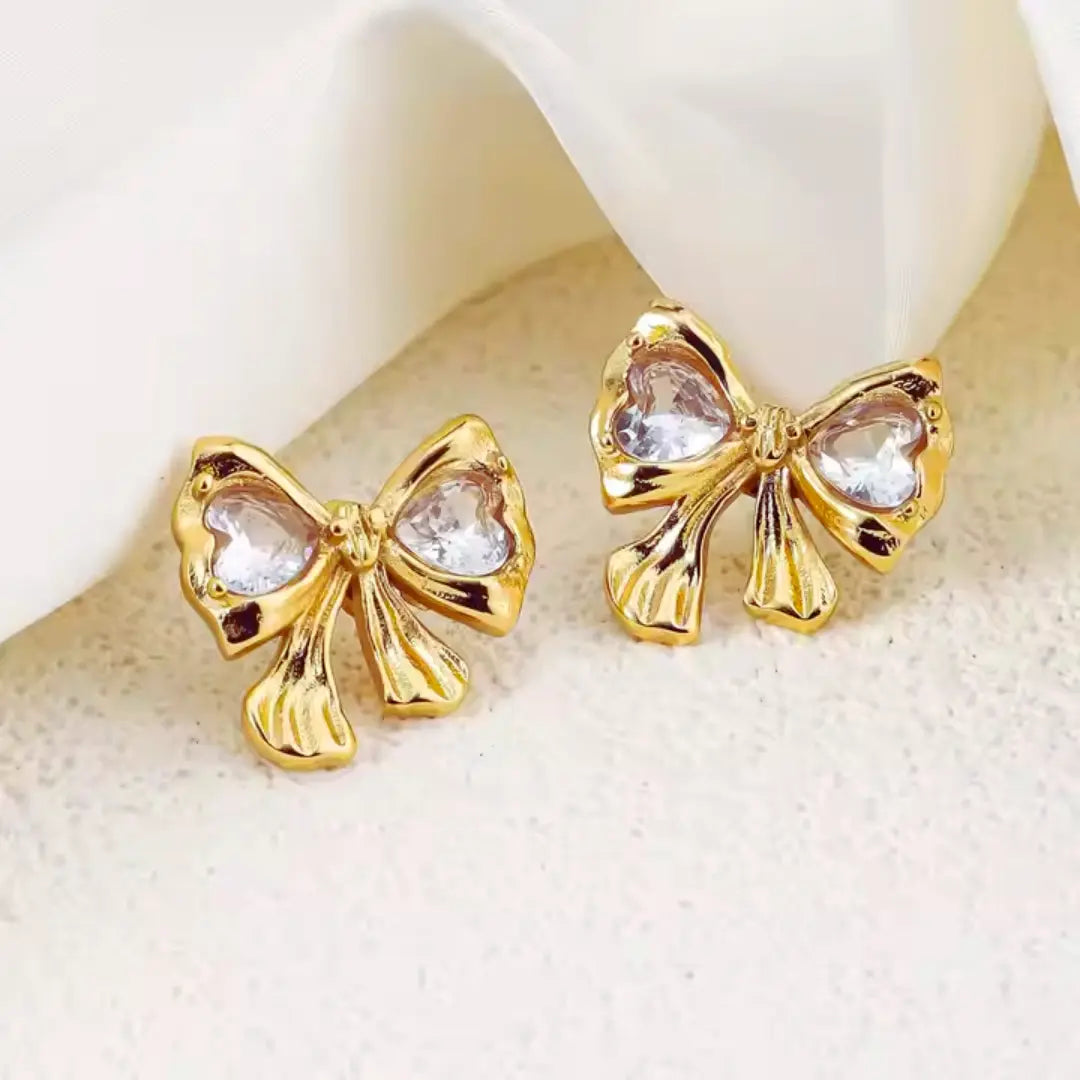 Bow Stud Earrings with Heart-Cut Zircon – Wisteria Jewels
