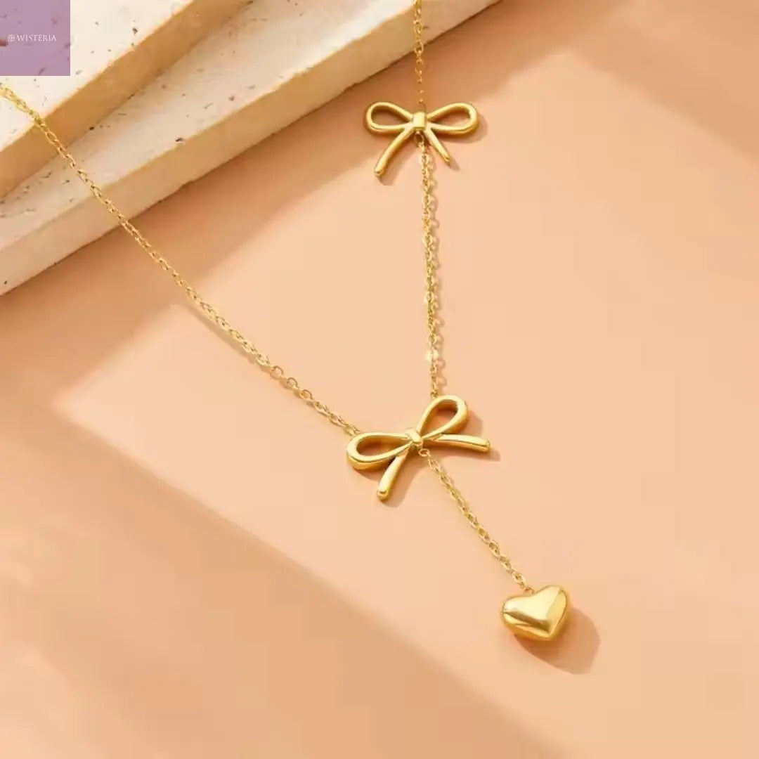 Bow and Heart Charm Necklace Wisteria