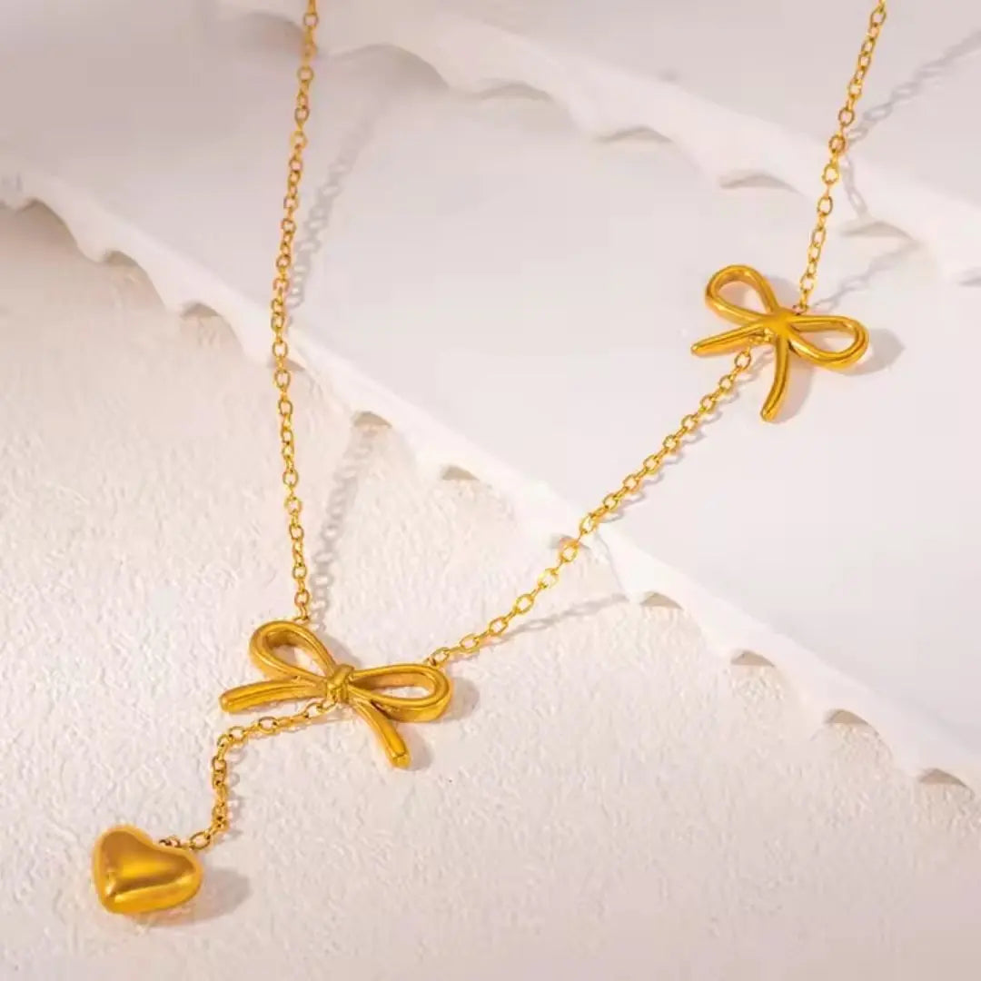 Bow and Heart Charm Necklace Wisteria