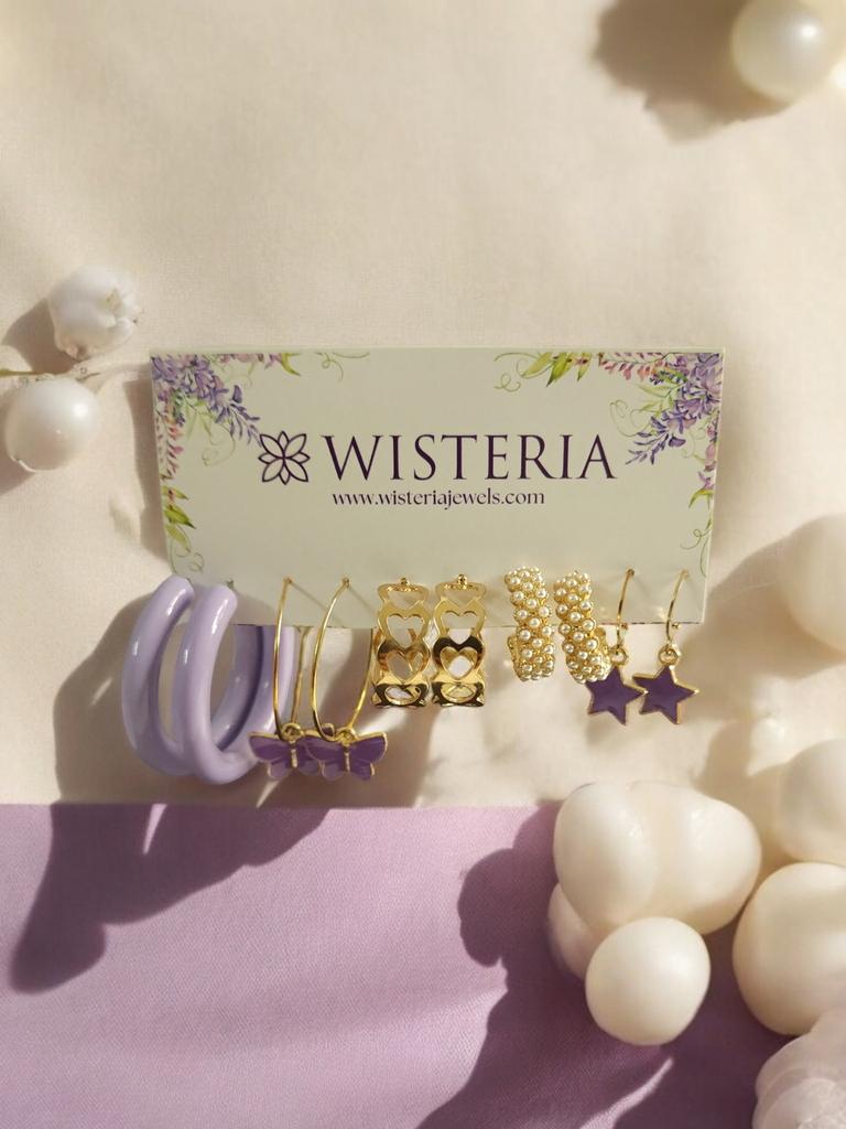 Set Of 5 Lilac and Gold Hoop Earrings
