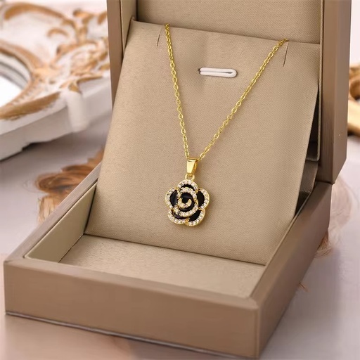 [NS-167-48-Bla] 18k Gold Plated Necklace With Black Camellia Flower Pendant