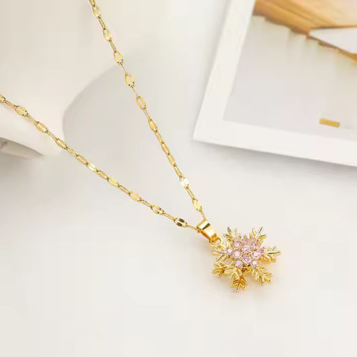[NS-163-44-Pin] 18k Gold Plated Pink Snowflake Necklace