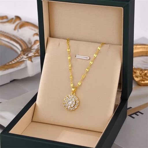 [NS-160-41-Whi] 18k Gold Plated Round Pendant Rhinestone Necklace
