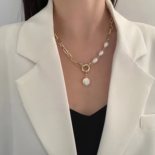 [NS-151-32-Whi] Elegant Pearl Necklace with Fashion Chain Pendant
