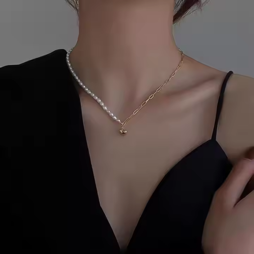 [NS-148-29-Whi] Chic Pearl Collar and Chain Vintage Necklace with Heart Pendant