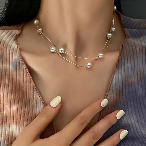 [NS-144-25-Whi] Double Layered Faux Pearl Chain Necklace