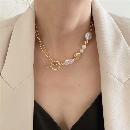 [NS-143-24-Whi] Gold-Plated Irregular Pearl Chain Collar Necklace