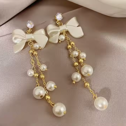 [ER-127-8-Whi] Delicate Pearl Bow-Shaped Tassel Earrings