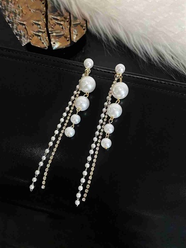[ER-125-6-Whi] Pearl Dangle Earrings with Sparkling Crystal Stone Tassels