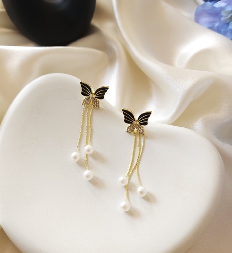 [ER-123-4-Bla] Black Studded Tassel Butterfly Earrings