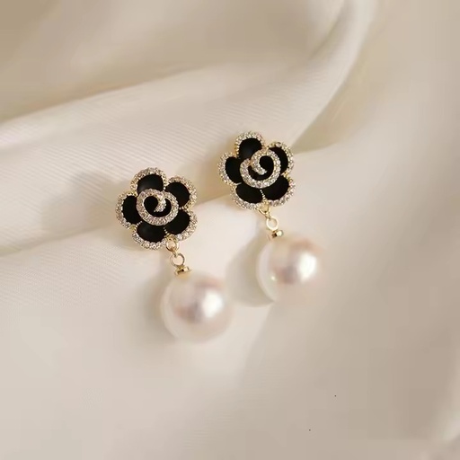 [ER-211-92-Bla] Camellia Drop Earrings