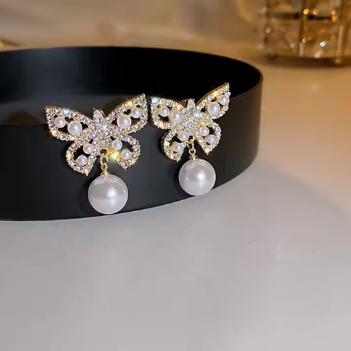 [ER-206-87-Whi] Butterfly Rhinestone Drop Earrings