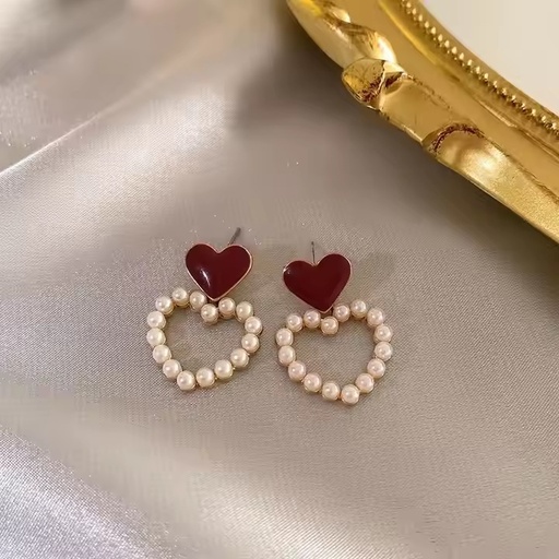 [ER-204-85-Red] Elegant Pearl Heart Stud Earrings