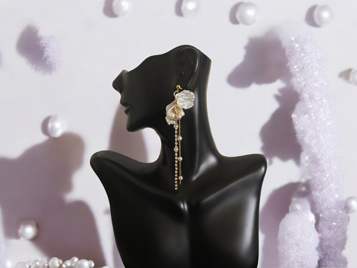[ER-203-84-Whi] Elegant White Shell Flower Pearl Tassel Earrings