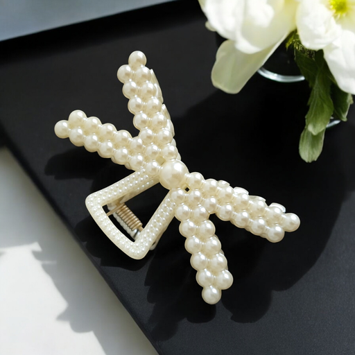 [CL-190-71-Whi] Korean Bow Claw Clips with Faux Pearls