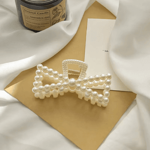[CL-188-69-Whi] Premium Korean Bow-Shaped Faux Pearl Hair Clip