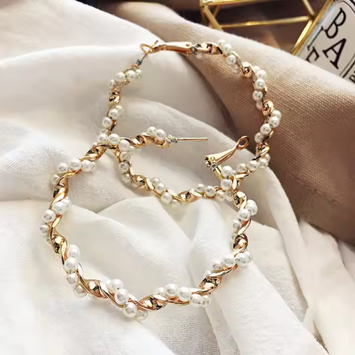 [ER-228-109-Gol] Retro Twisted Pearl Hoop Earrings