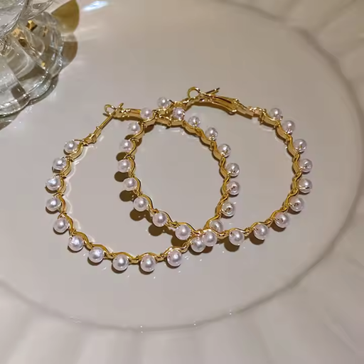 [ER-225-106-Whi] Elegant Korean Pearl Hoop Earrings
