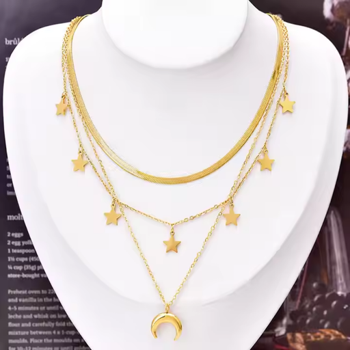 [NS-305-186-Gol] Ethereal Vintage Necklace: Triple Layered Stars & Moon