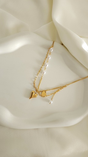 [NS-302-183-Gol] Golden Pearl Heart Layered Necklace