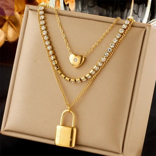 [NS-301-182-Gol] Golden Heart & Lock Layered Necklace