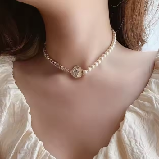 [NS-297-178-Whi] Korean Rose Pearl Necklace