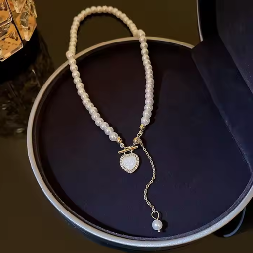 [NS-292-173-Whi] Pearl Necklace with Heart-Shaped Pendant