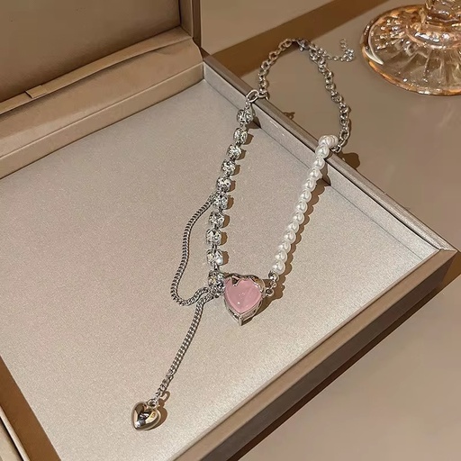 [NS-289-170-Pin] Vintage Pearl Necklace with Pink Crystal Heart