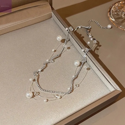 [NS-286-167-Whi] Layered Crystal and Pearl Necklace