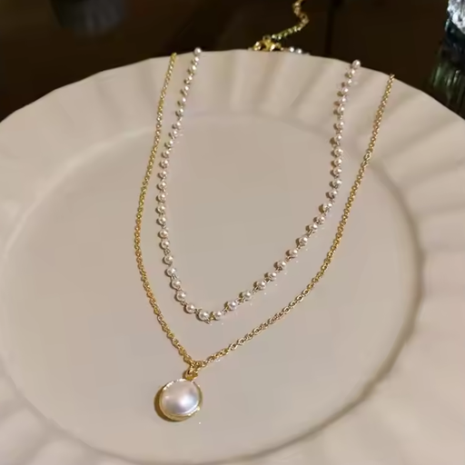[NS-285-166-Gol] Korean Layered Pearl Necklace with Pendant
