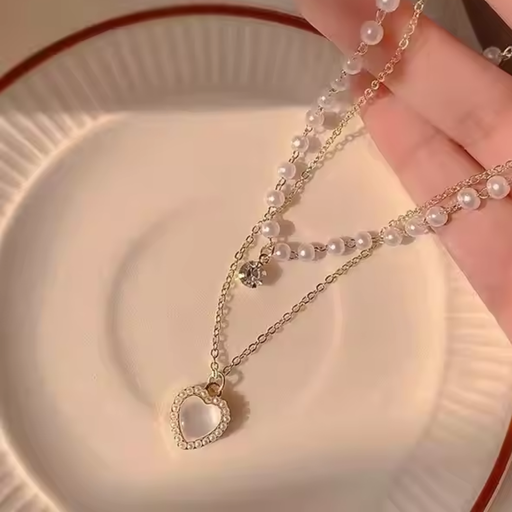 [NS-279-160-Whi] Layered Pearl Heart Necklace