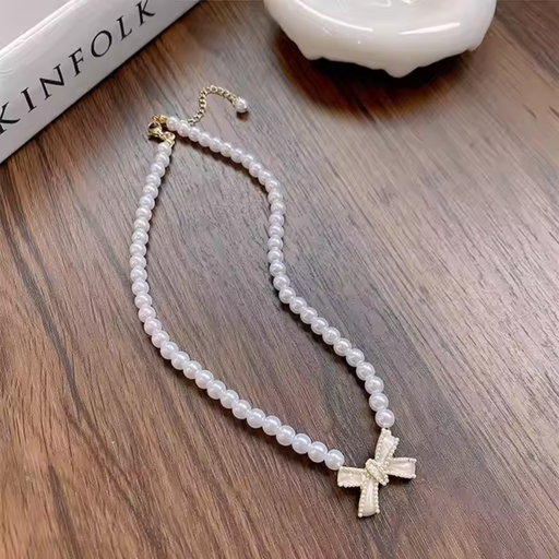 [NS-277-158-Whi] Vintage Bow Collar Pearl Necklace