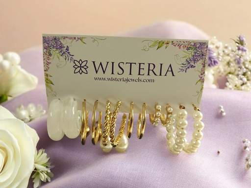 [ES-273-154-Mix] Set of 6 Ivory and Golden Huggie & Hoop Earrings