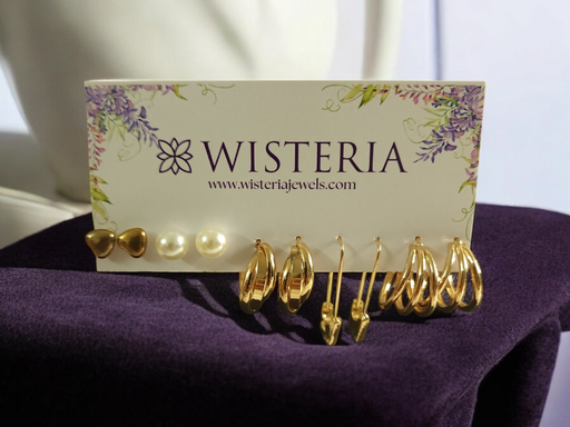 [ES-353-234-Gol] Set of 5 Studs and Bold Golden Hoop Earrings
