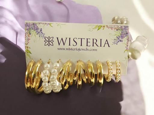 [ES-352-233-Mix] Golden & Pearl Hoop Earrings Set - 5 Piece Combo