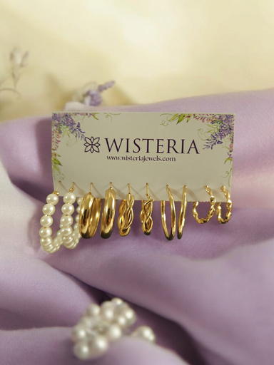 [ES-344-225-Mix] Set Of 5 Golden & Pearl Hoop Earrings