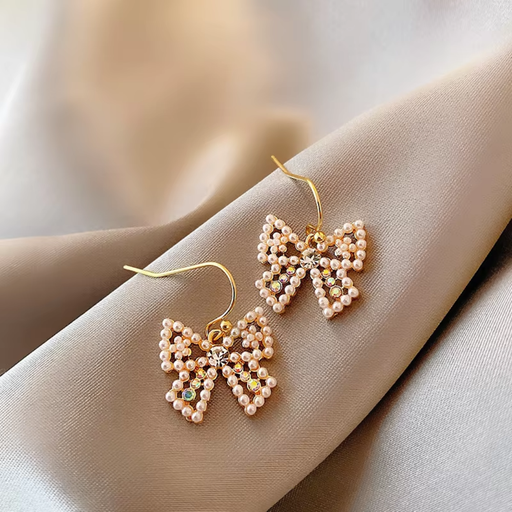 [ER-337-218-Whi] Korean Bow Pearl Drop Earrings