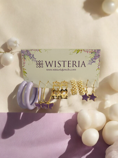 [ES-334-215-Pur] Set Of 5 Lilac and Gold Hoop Earrings