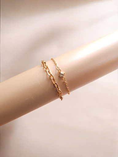 [BR-398-279-Gol] Radiant Duo: Mixed Chain Bracelets with Rhinestone Details
