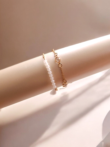 [BR-412-293-Gol] Combo Radiant Duo: Rhinestone & White Bead Bracelets