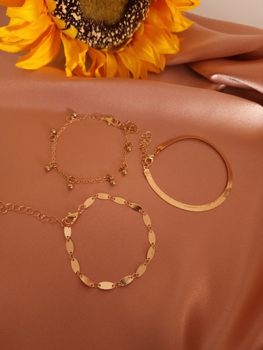 [BR-392-273-Gol] Golden Grace Bracelet Trio: Bead, Disc, and Chain