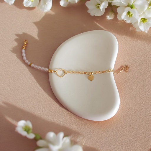 [BR-404-285-Gol] Timeless Love: Pearl & Chain Bracelet with Heart Charm