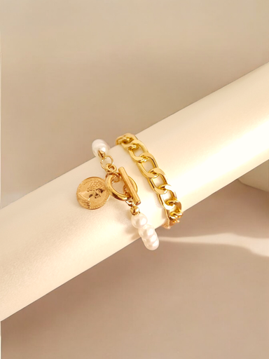 [BR-402-283-Gol] Bold Grace: Pearl Pendant & Chain Bracelet Duo