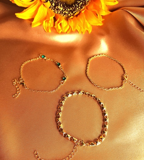 [BR-431-312-Gol] Emerald Embrace: Chain Bracelet Set with Bold Accents