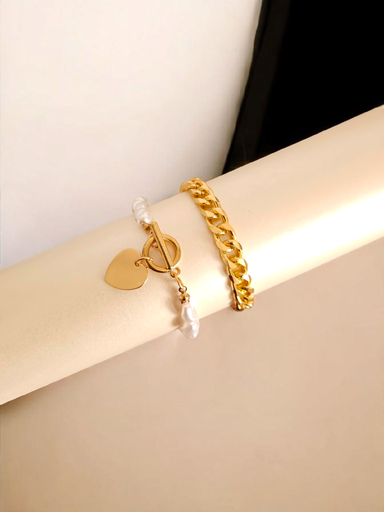 [BR-422-303-Gol] Eternal Love: Pearl Heart Pendant Bracelet