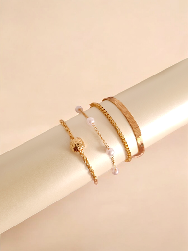 [BR-384-265-Gol] Elegant Gold and Pearl Bracelet Set - Four-Piece Collection