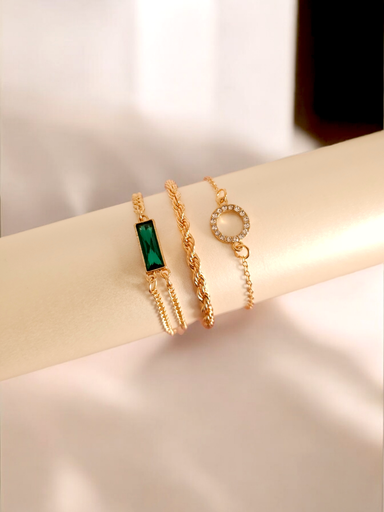 [BR-375-256-Gol] Luxe Trio Bracelet Set: Rhinestone, Emerald, and Unique Chains