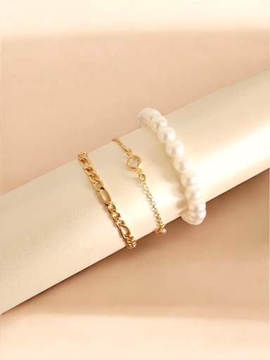 [BR-406-287-Gol] Lustrous Trio: Pearl, Rhinestone, and Medium Chain Bracelets