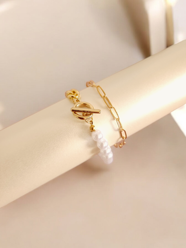 [BR-403-284-Gol] Dual Charm Bracelet Set: Half Pearl & Chain Design